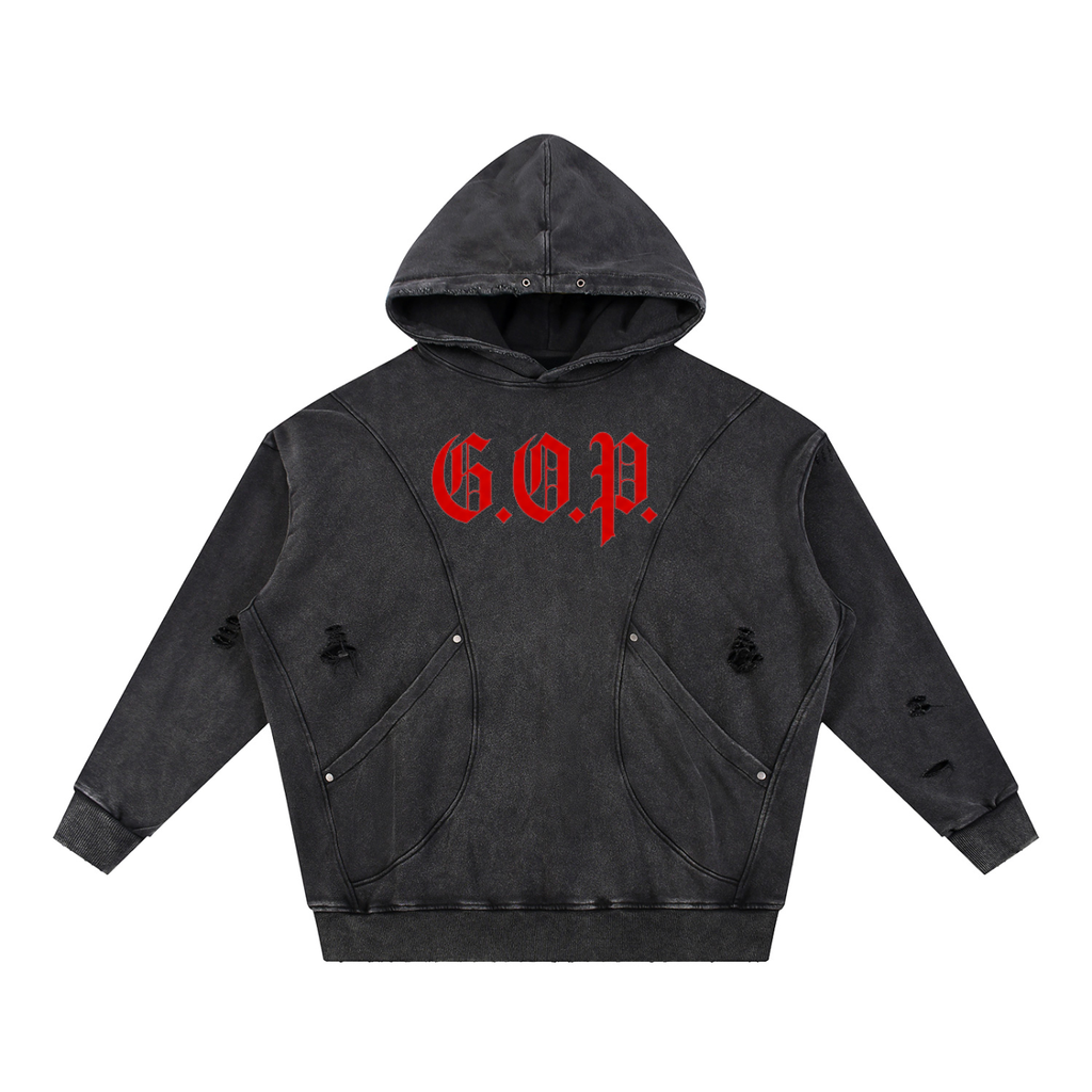 G.O.P. Snow Washed Distressed Panel Pocket Hoodie
