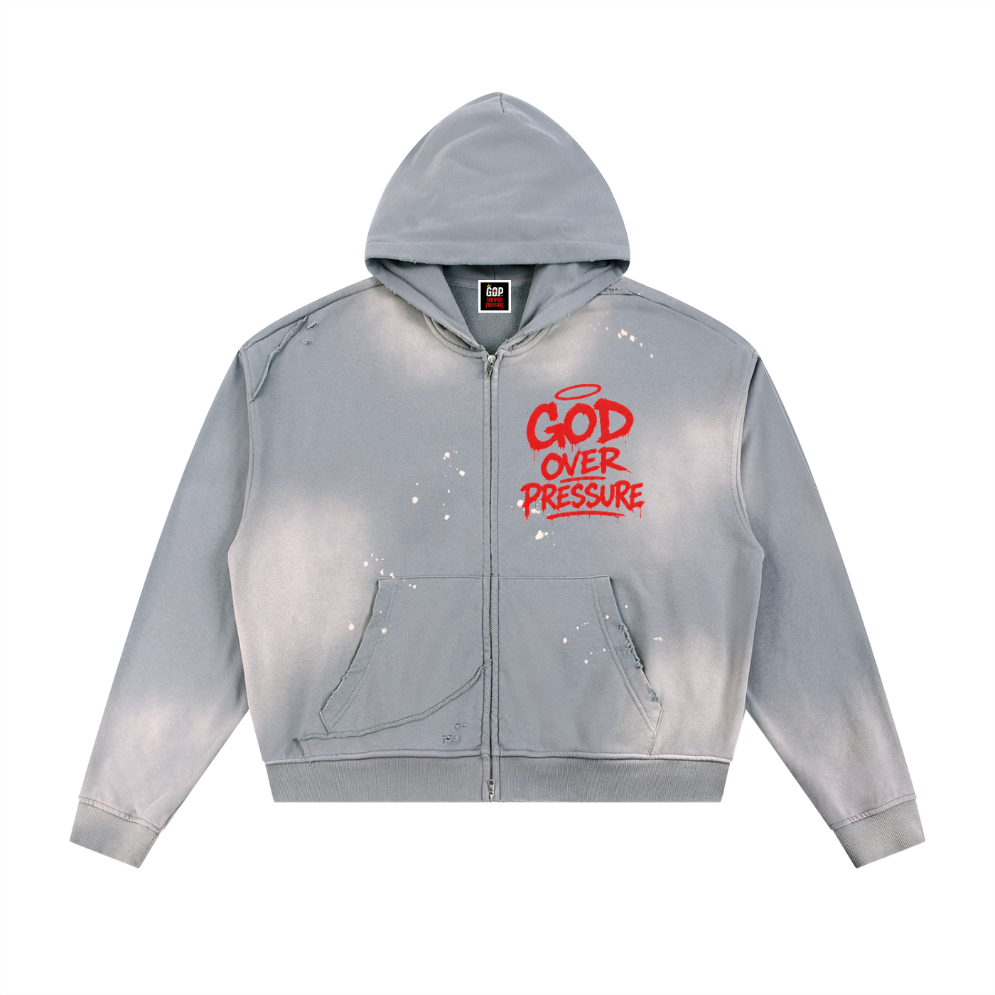 G.O.P. Sun Fade Frayed Raw Edge Fleece Zip Hoodie DF