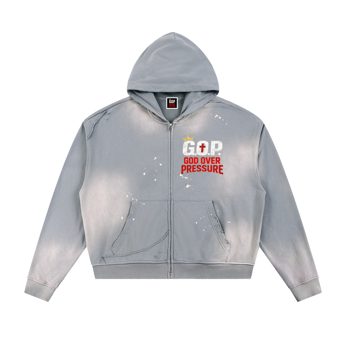 G.O.P. Sun Fade Frayed Raw Edge Fleece Zip Hoodie