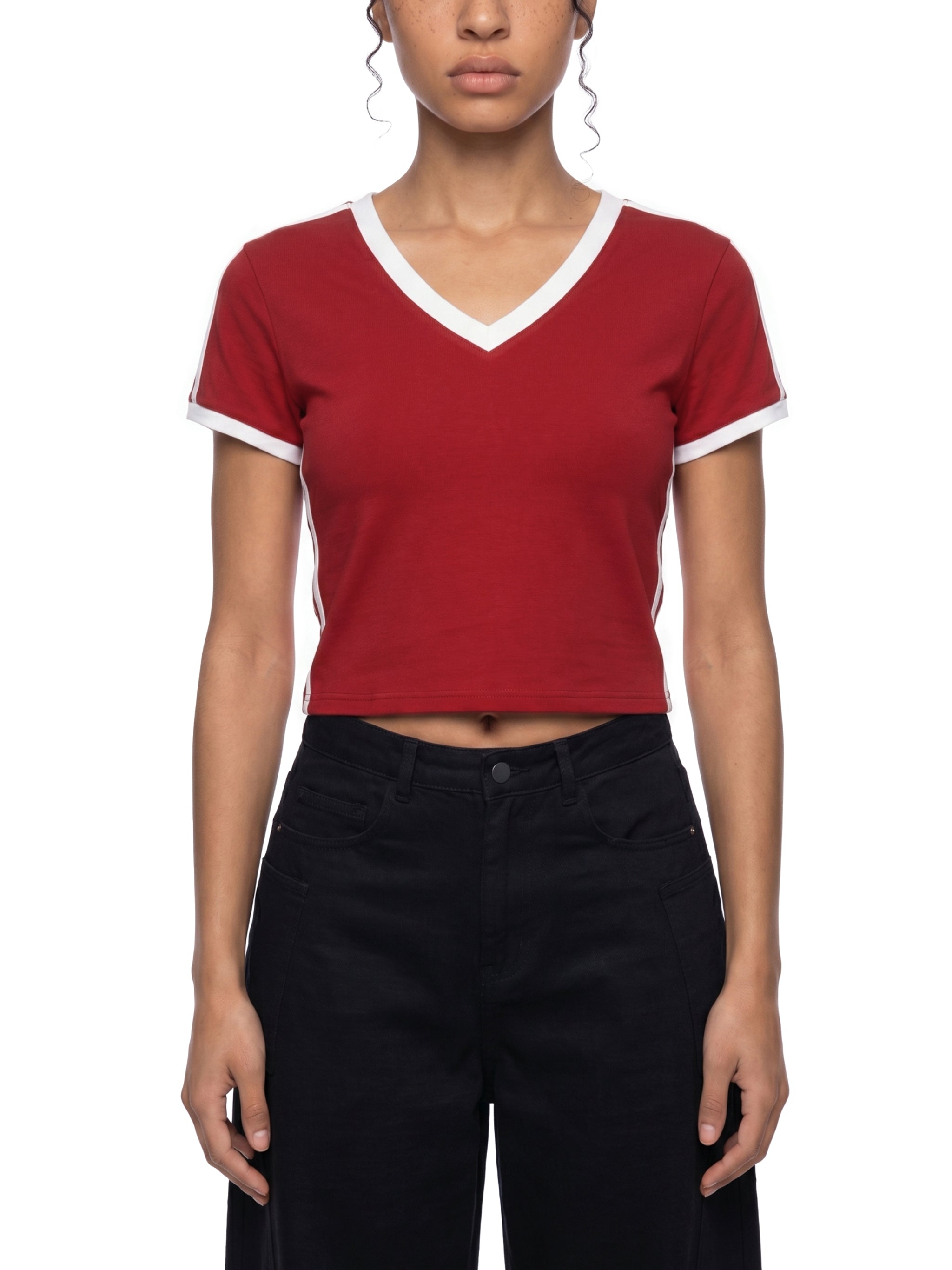 Women's Retro Binding V-Neck Crop T-Shirt